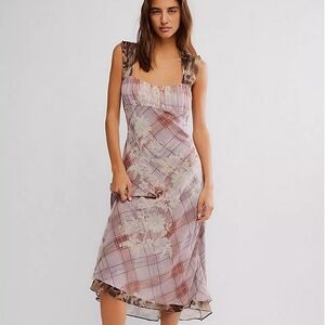 NEW Free People Morning Dew Floral & Plaid Midi Dress In Dusty Rose - S